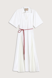 flat lay Pleated Poplin Dress With Red Belt white popeline long shirt dress
V-neck
Belt included
