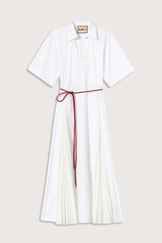 flat lay Pleated Poplin Dress With Red Belt white popeline long shirt dress
V-neck
Belt included