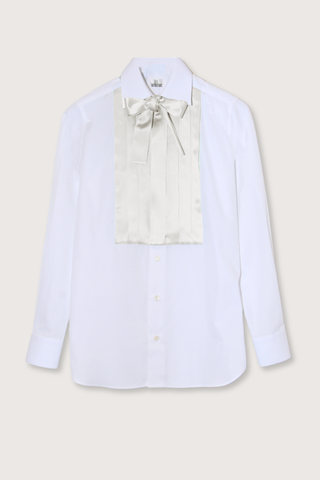 flat lay Pleated Smoking Shirt With Tie White/Cream white with cream silk tie long sleeve tailored fit