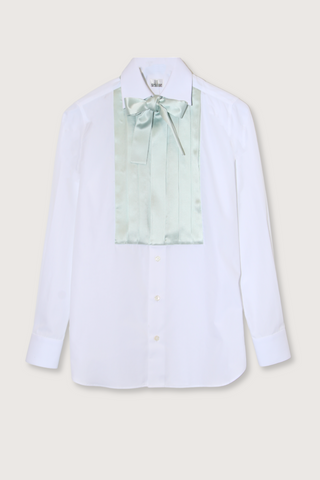 flat lay Pleated Smoking Shirt With Tie White/Sage cotton white with green silk front pleat and bow detail
