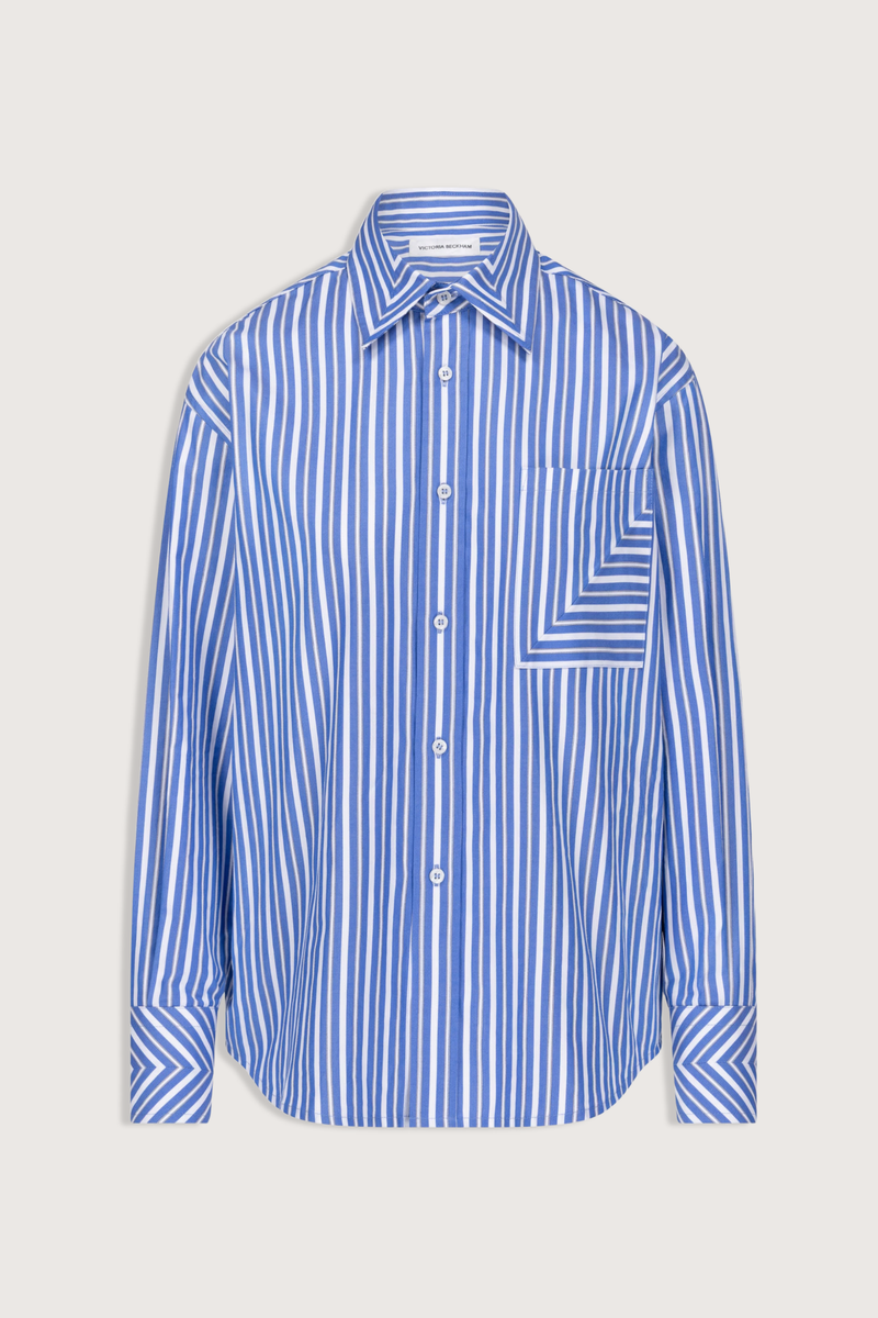 flat lay Pocket Detail Cotton Stripe Shirt blue white Striped cotton shirt
Classic shirt construction
Chest pocket detail
Seam diagonal stripe detail
100% Cotton