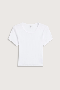 flat lay Pointelle Baby Tee White slim fit
Cropped length
Cap-style sleeve
Classic crew neckline
Signature pinhole stripes
Delicate eyelets
Scalloped edging
100% Cotton