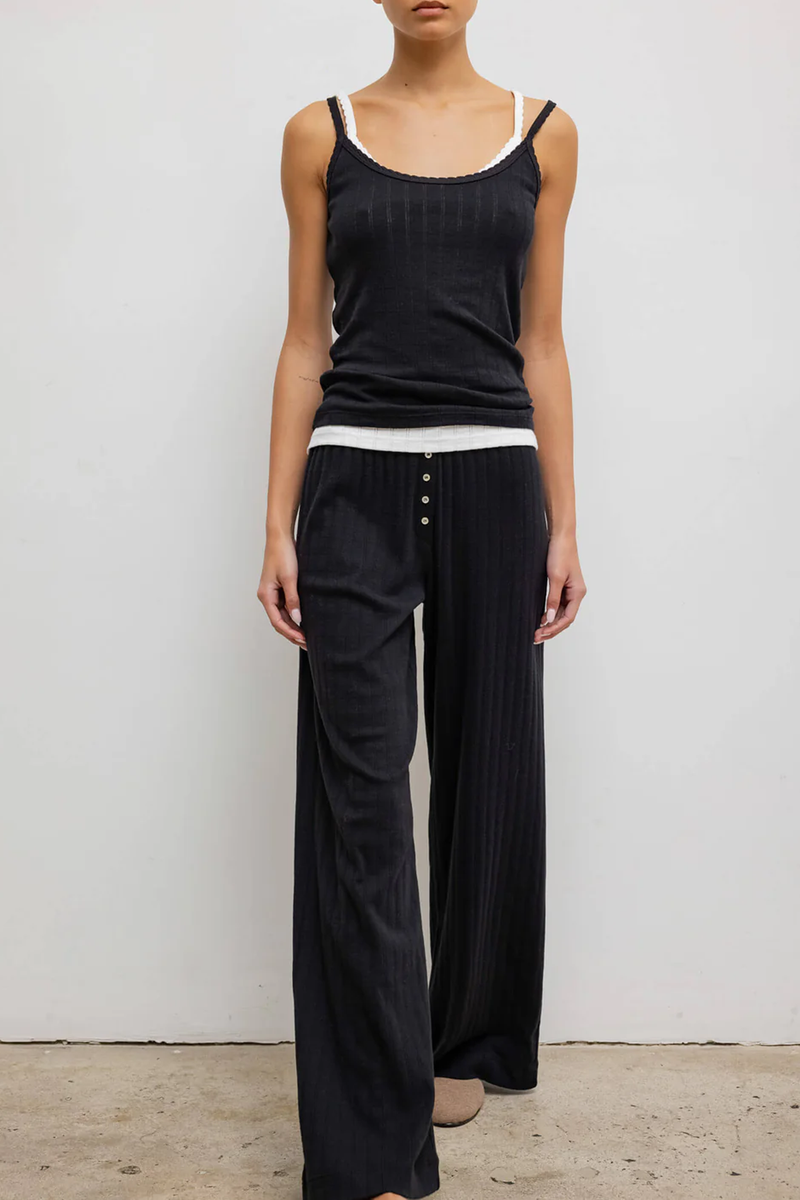 front profile model wearing Pointelle Cami Black cotton