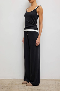 side profile model wearing Pointelle Cami Black cotton