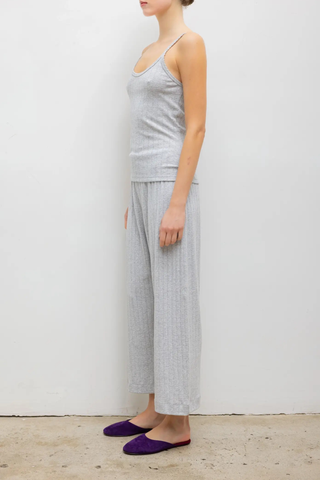 side profile model wearing Pointelle Cami Light Grey Melange Pointelle Tank
Classic spaghetti strap silhouette
Signature pinhole stripes
Dainty eyelets
Scalloped edging
100% Cotton