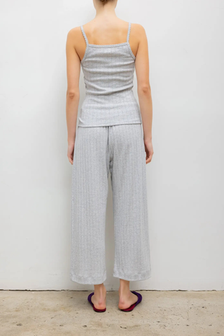 back profile model wearing Pointelle Cami Light Grey Melange Pointelle Tank
Classic spaghetti strap silhouette
Signature pinhole stripes
Dainty eyelets
Scalloped edging
100% Cotton