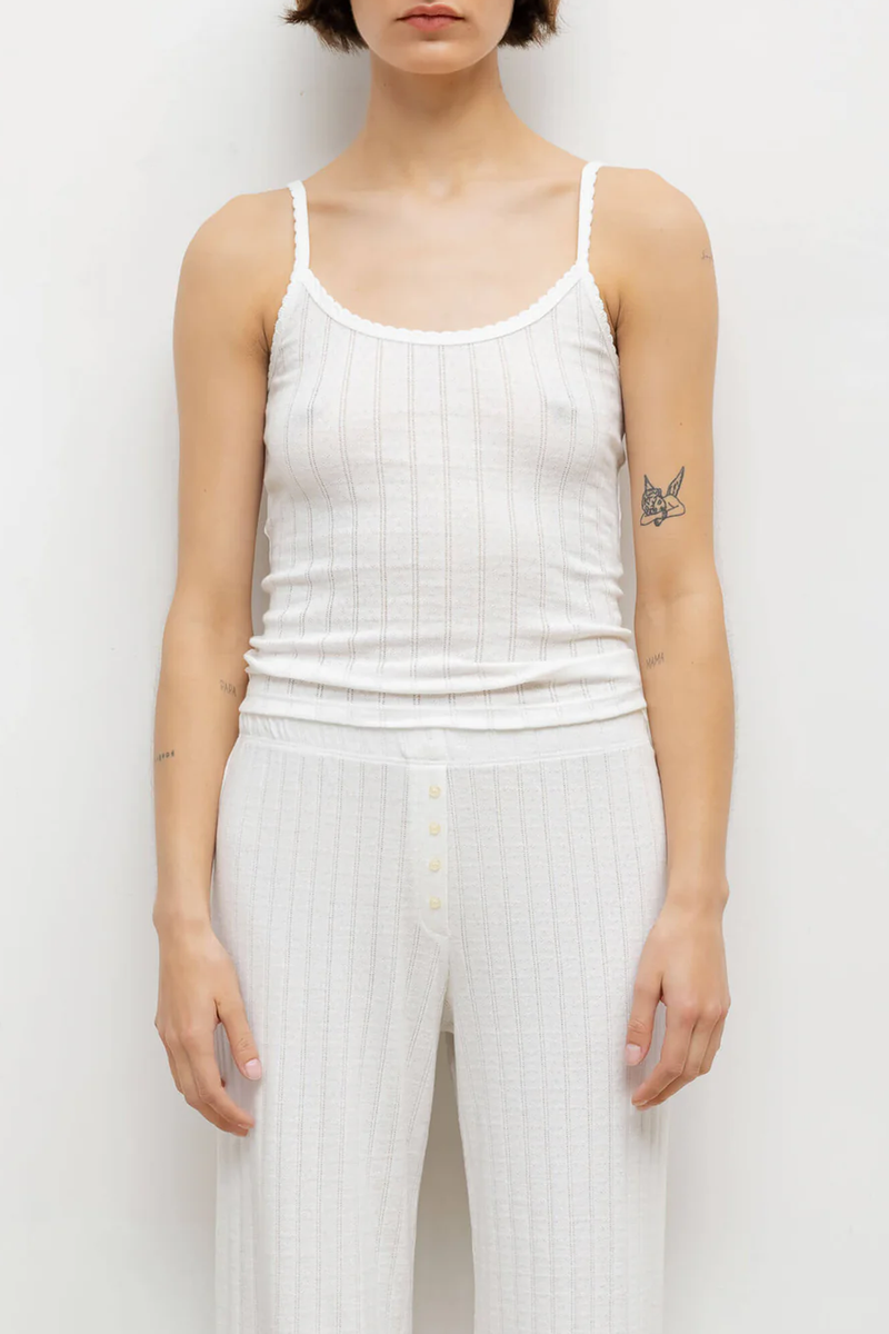 front profile model wearing Pointelle Cami White cotton