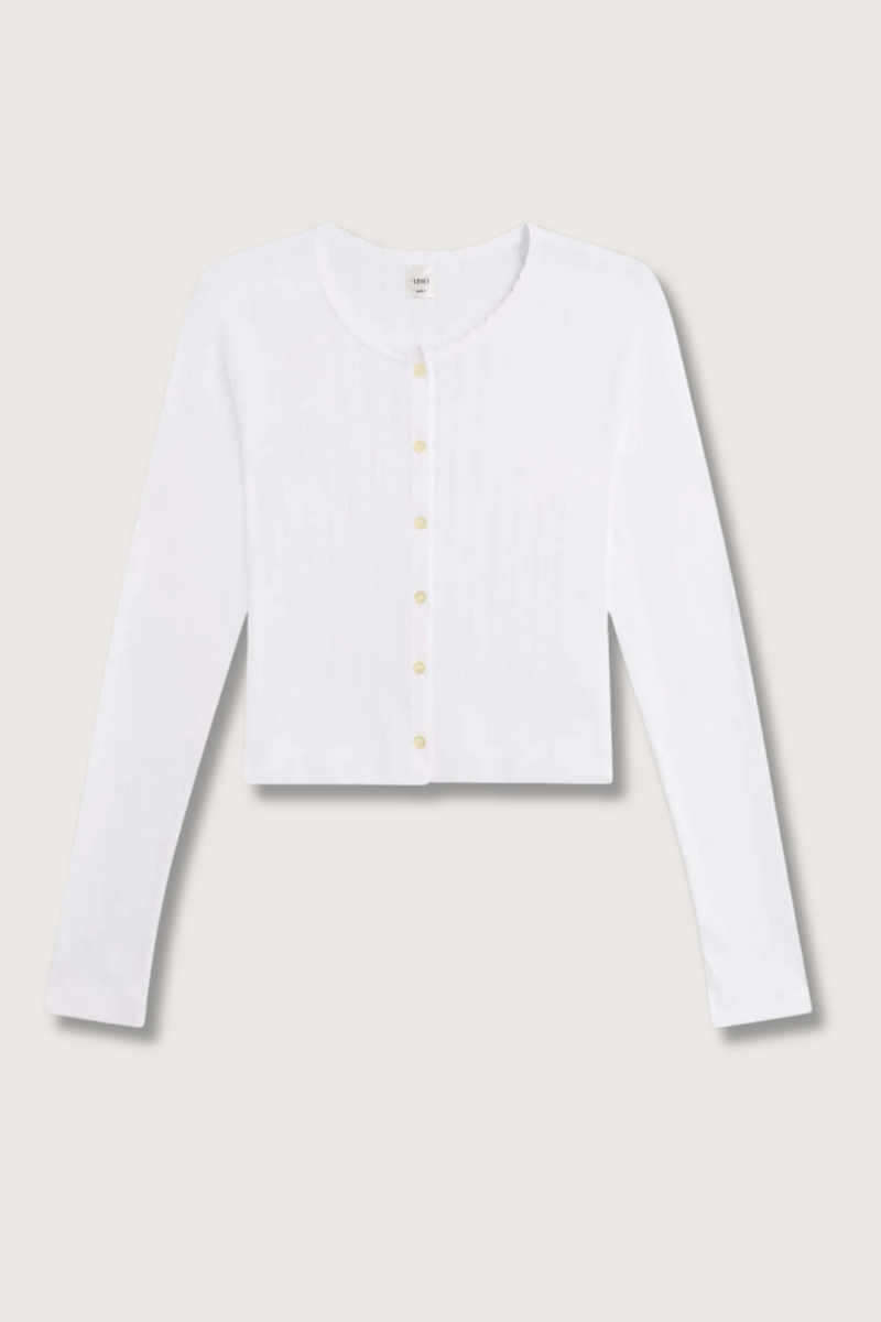 flat lay Pointelle Crop Cardigan White cotton Signature pinhole stripes
Dainty eyelets
Scalloped edging