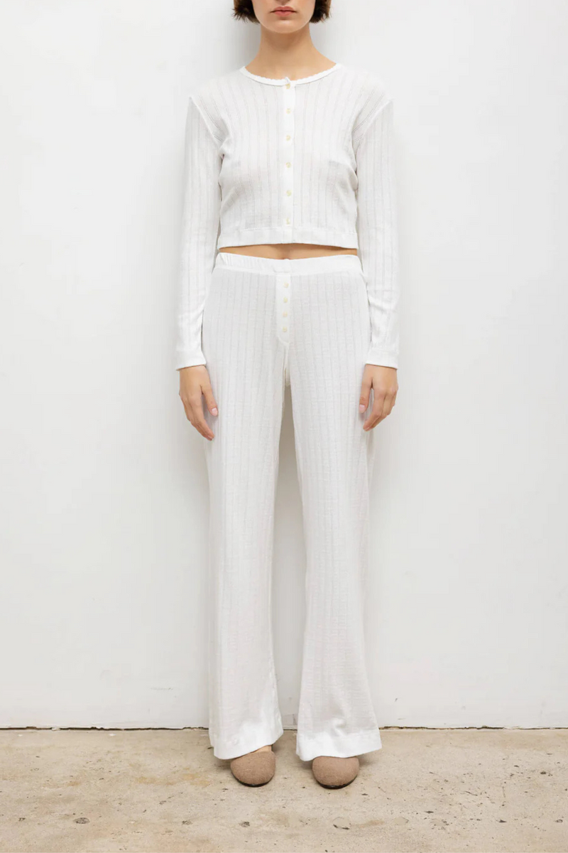 front profile model wearing Pointelle Crop Cardigan White cotton Signature pinhole stripes
Dainty eyelets
Scalloped edging