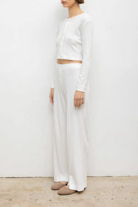 side profile model wearing Pointelle Crop Cardigan White cotton Signature pinhole stripes
Dainty eyelets
Scalloped edging