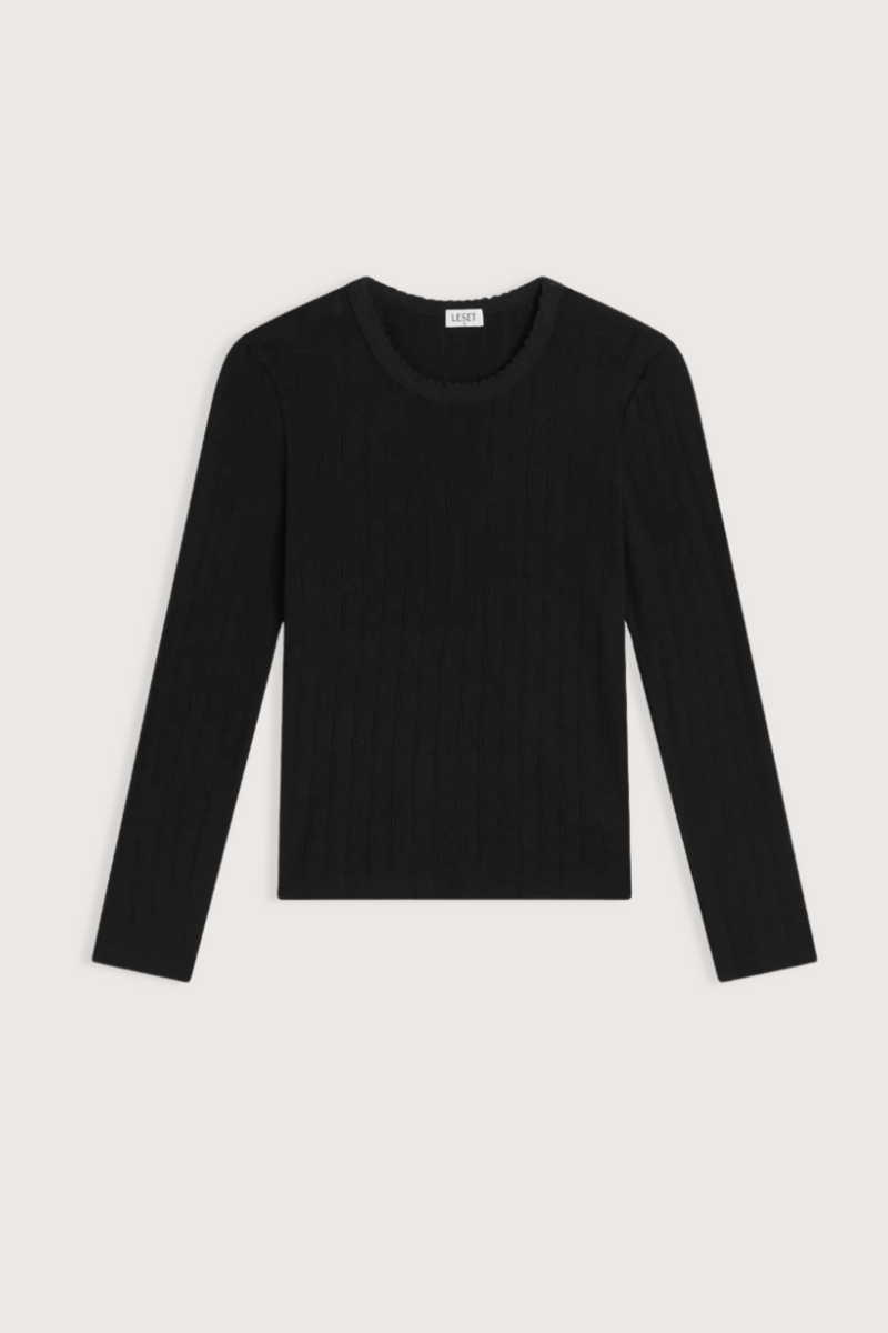 flat lay Pointelle Slim Fit Long Sleeve Black cotton crewneck