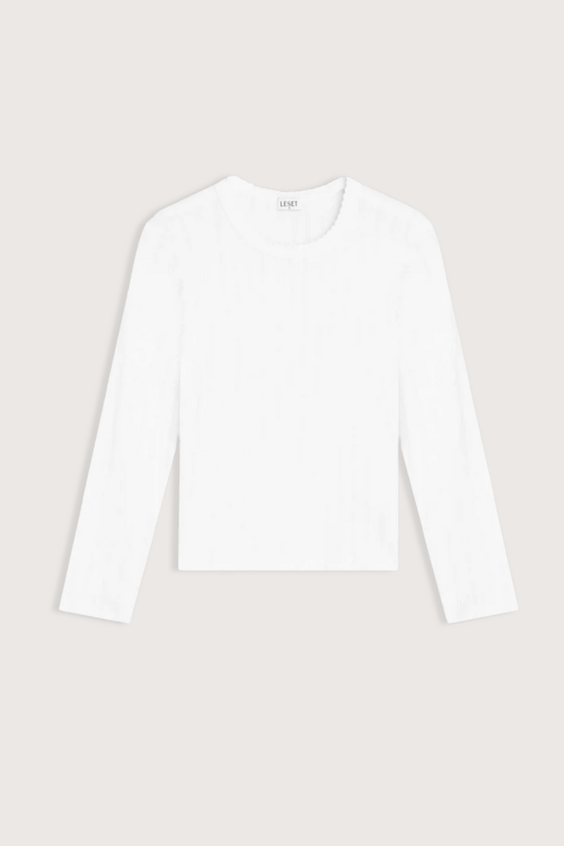 flat lay Pointelle Slim Fit Long Sleeve White cotton crewneck