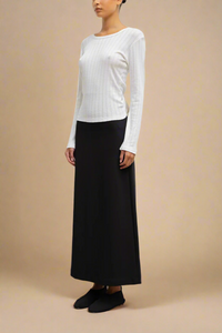 side profile model wearing Pointelle Slim Fit Long Sleeve White cotton crewneck