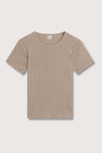 flat lay Pointelle Slim Fit Tee Beige cotton Classic lingerie inspired details
Pinhole stripes
Eyelets
Scalloped edges
100% Cotton