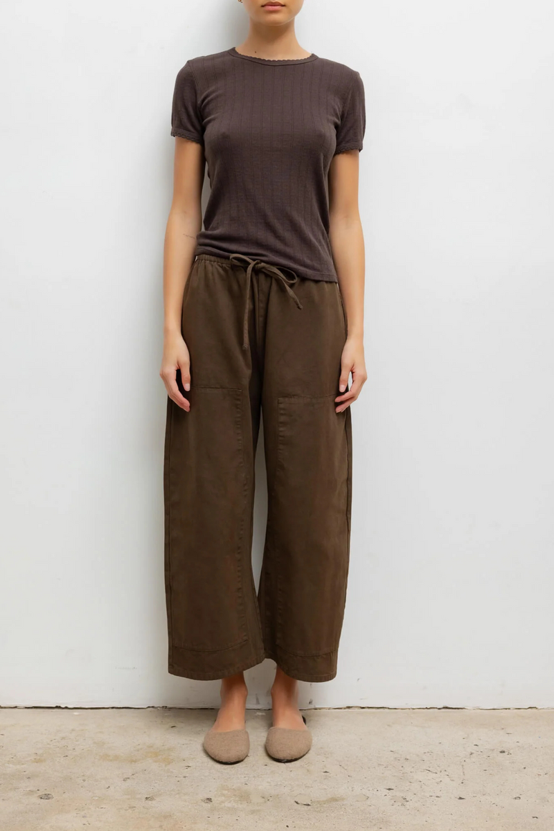 front profile model wearing Pointelle Slim Fit Tee Chocolate cotton