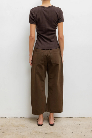 back profile model wearing Pointelle Slim Fit Tee Chocolate cotton