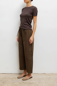 side profile model wearing Pointelle Slim Fit Tee Chocolate cotton