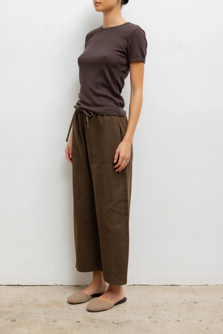 side profile model wearing Pointelle Slim Fit Tee Chocolate cotton