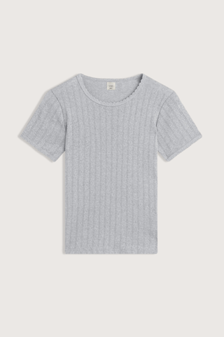 flat lay Pointelle Slim Fit Tee Light Grey Melange 
Pinhole stripes
Eyelets
Scalloped edges
100% Cotton