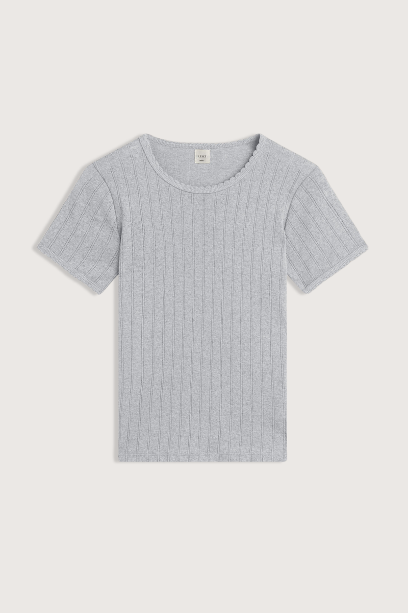 flat lay Pointelle Slim Fit Tee Light Grey Melange 
Pinhole stripes
Eyelets
Scalloped edges
100% Cotton