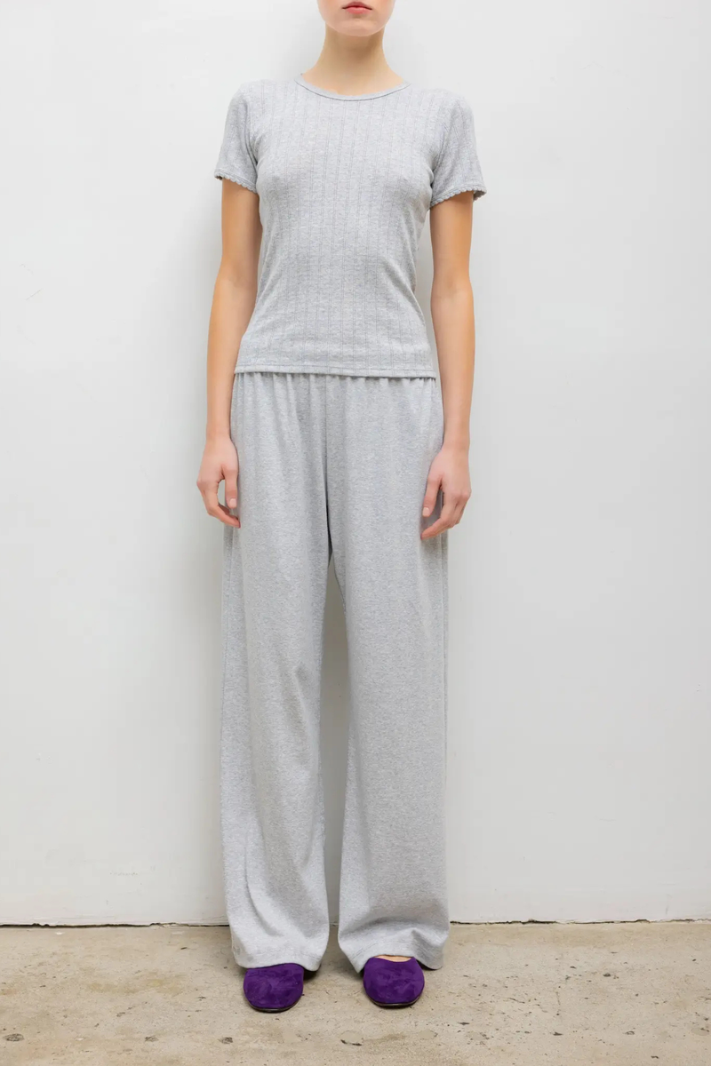 front profile model wearing Pointelle Slim Fit Tee Light Grey Melange 
Pinhole stripes
Eyelets
Scalloped edges
100% Cotton