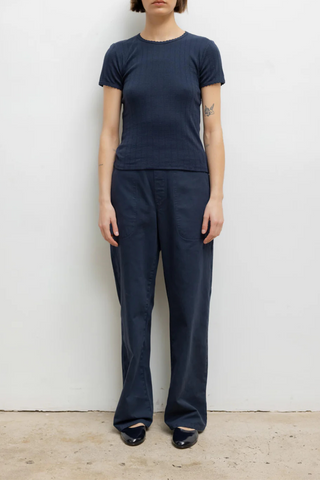 front profile model wearing Pointelle Slim Fit Tee Midnight blue cotton