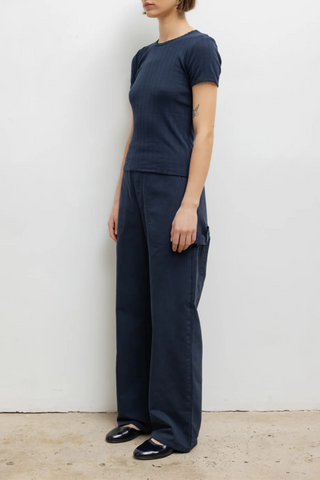 side profile model wearing Pointelle Slim Fit Tee Midnight blue cotton