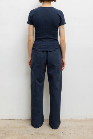 back profile model wearing Pointelle Slim Fit Tee Midnight blue cotton