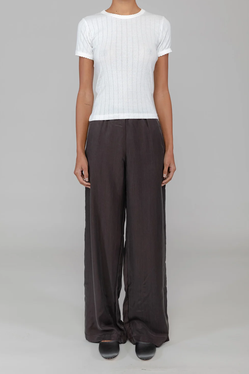 front profile model wearing Pointelle Slim Fit Tee White cotton crewneck