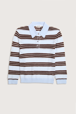 flat lay Pointelle Stripe Polo blue brown stripe Fine-gauge merino wool
Open-work detailing
Point collar
Three button-placket
Long sleeves
Classic fit
Hem falls to the hip
Pullover style
Merino wool
