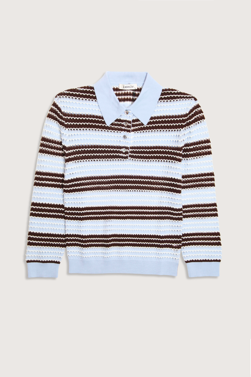 flat lay Pointelle Stripe Polo blue brown stripe Fine-gauge merino wool
Open-work detailing
Point collar
Three button-placket
Long sleeves
Classic fit
Hem falls to the hip
Pullover style
Merino wool