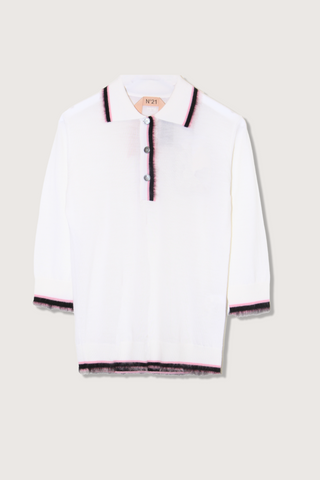 flat lay Polo Knit Short Sleeves white Stripe detail on hem, collar and cuffs
