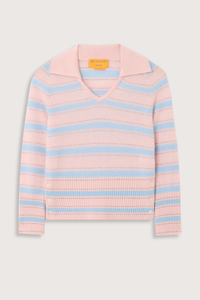 flat lay Port Polo Cashmere With Side Button Powder Pink Combo LIGHT-WEIGHT TEXTURED STRIPE POLO
V NECK WITH POLO COLLAR
COLLAR TIPPED IN CONTRAST COLOR
SHRUNKEN FIT WITH 3/4 LENGTH SLEEVES
HIGH RIB HEM WITH THREE BUTTON SIDE VENT
BACK NECK GIR BRANDING