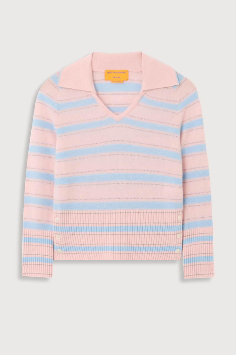 flat lay Port Polo Cashmere With Side Button Powder Pink Combo LIGHT-WEIGHT TEXTURED STRIPE POLO
V NECK WITH POLO COLLAR
COLLAR TIPPED IN CONTRAST COLOR
SHRUNKEN FIT WITH 3/4 LENGTH SLEEVES
HIGH RIB HEM WITH THREE BUTTON SIDE VENT
BACK NECK GIR BRANDING