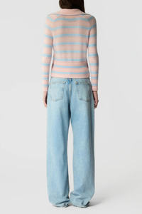 back profile model wearing Port Polo Cashmere With Side Button Powder Pink Combo LIGHT-WEIGHT TEXTURED STRIPE POLO
V NECK WITH POLO COLLAR
COLLAR TIPPED IN CONTRAST COLOR
SHRUNKEN FIT WITH 3/4 LENGTH SLEEVES
HIGH RIB HEM WITH THREE BUTTON SIDE VENT
BACK NECK GIR BRANDING