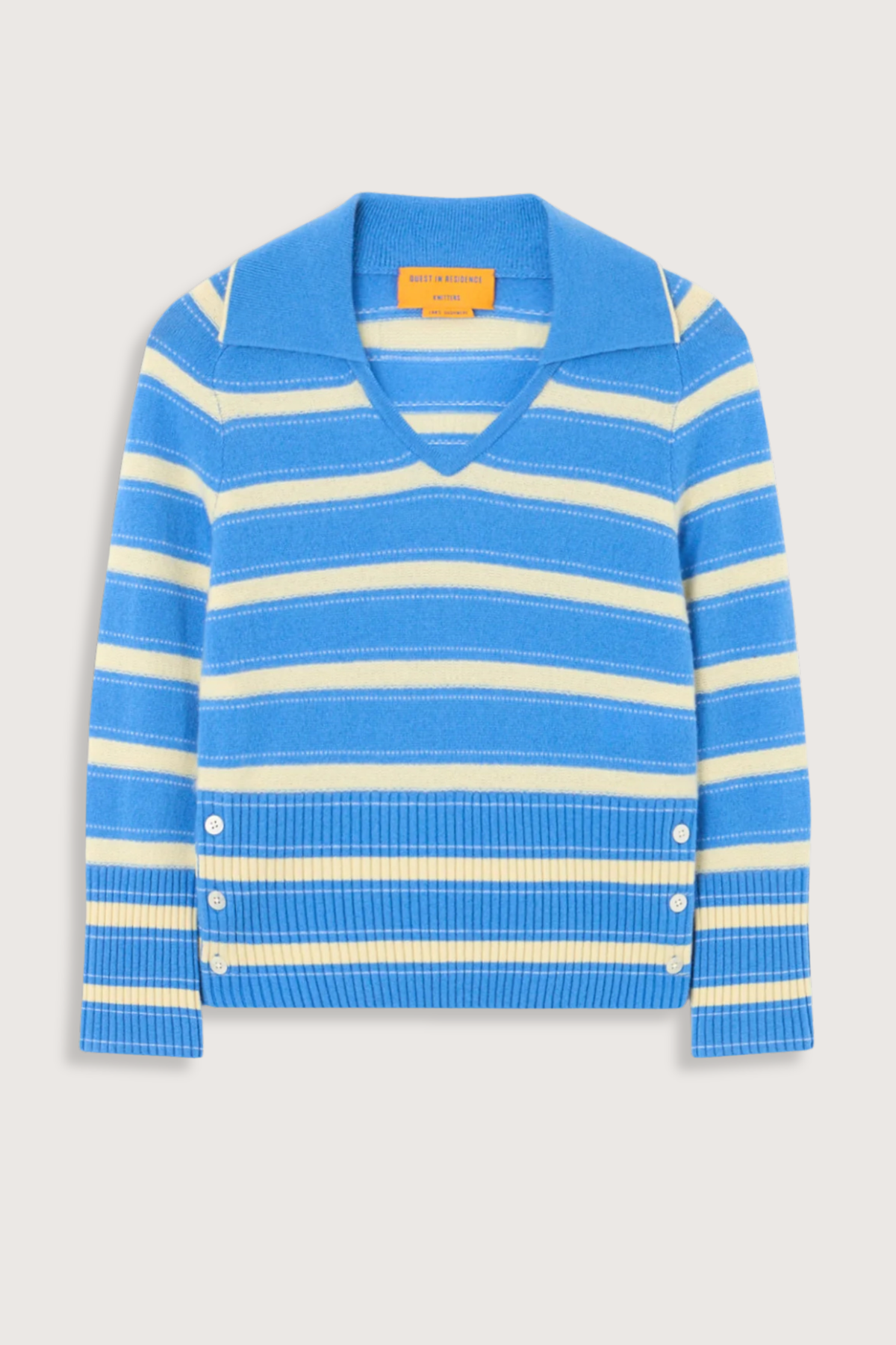 flat lay Port Polo Cashmere With Side Button Sail Combo LIGHT-WEIGHT TEXTURED STRIPE POLO
V NECK WITH POLO COLLAR
COLLAR TIPPED IN CONTRAST COLOR
SHRUNKEN FIT WITH 3/4 LENGTH SLEEVES
HIGH RIB HEM WITH THREE BUTTON SIDE VENT
BACK NECK GIR BRANDING