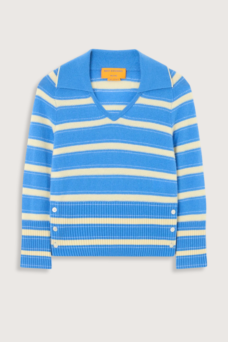 flat lay Port Polo Cashmere With Side Button Sail Combo LIGHT-WEIGHT TEXTURED STRIPE POLO
V NECK WITH POLO COLLAR
COLLAR TIPPED IN CONTRAST COLOR
SHRUNKEN FIT WITH 3/4 LENGTH SLEEVES
HIGH RIB HEM WITH THREE BUTTON SIDE VENT
BACK NECK GIR BRANDING