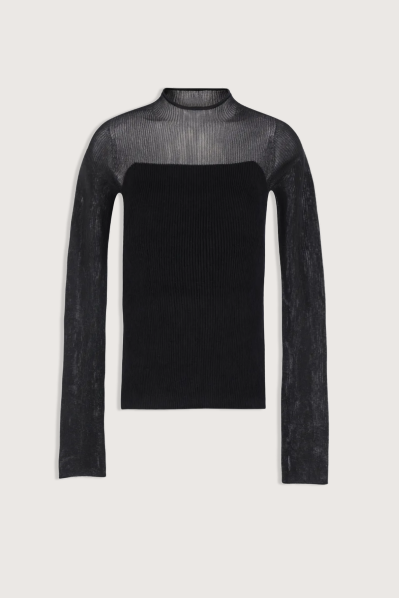 flat lay Portrait Velvet Lucent Top black Semi sheer upper neck and sleeve area
ribbed knit
lurex finish
mock neck
long sleeves
straight hem