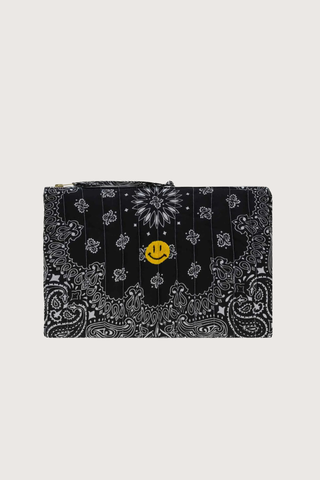 front profile Pouchette Zipper Bag / embroidered Happy Face All Black cotton bandana