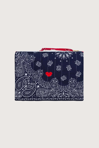 front profile Pouchette Zipper Bag / Heart Navy / Real Red cotton bandana with zipper and red handle
