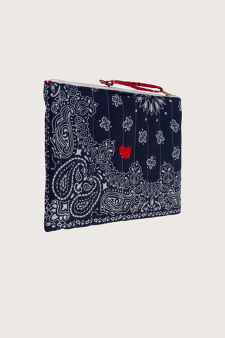 side profile Pouchette Zipper Bag / Heart Navy / Real Red cotton bandana with zipper and red handle