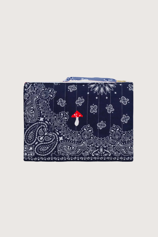 front profile  Pouchette Zipper Bag / Mushroom Navy / Cham cotton bandana with zipper and blue handle