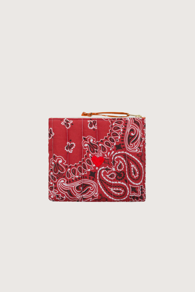 front profile Pouchette Zipper / embroidered Heart Vintage Red / Burnt Orange cotton bandana