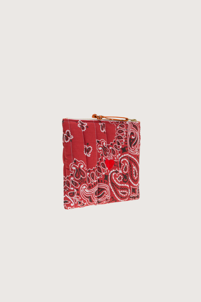 side profile Pouchette Zipper / embroidered Heart Vintage Red / Burnt Orange cotton bandana