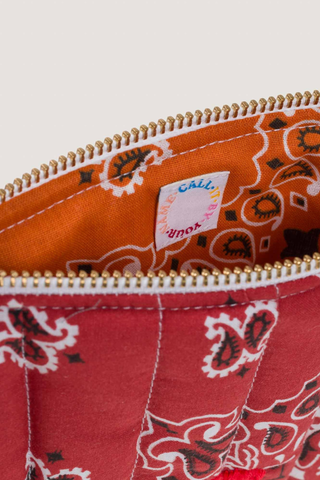 close up inside logo Pouchette Zipper / embroidered Heart Vintage Red / Burnt Orange cotton bandana
