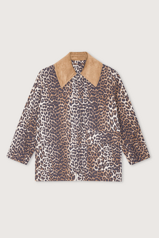 Flat Lay Printed Canvas Midi Leopard Jacket boxy with corduroy collar