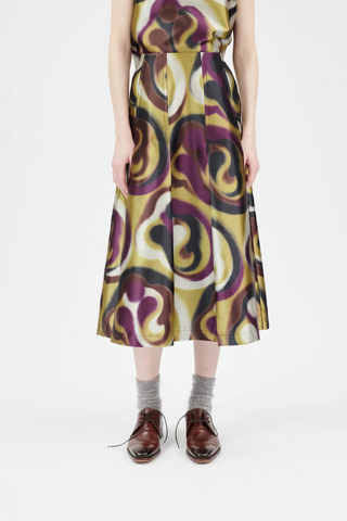 front profile model wearing Printed Heavy Satin Skirt merlot