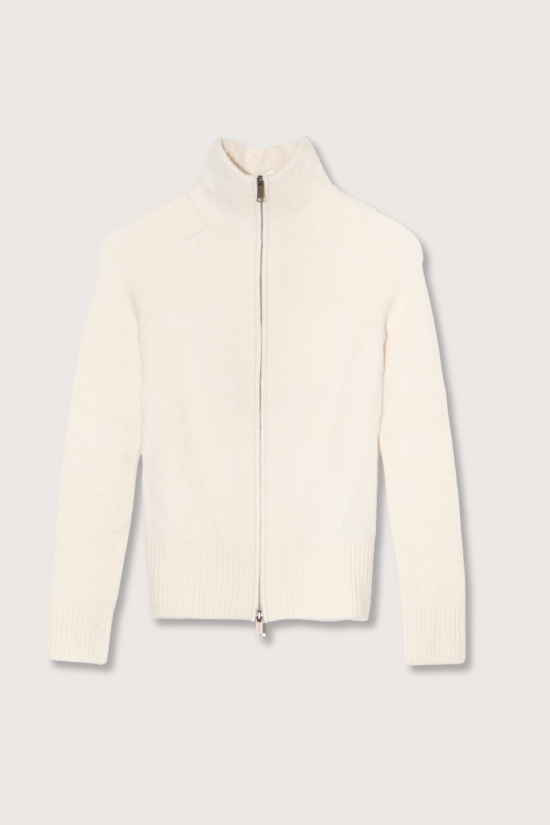flat lay Prunella Alpaca Knit Zip Cardigan white