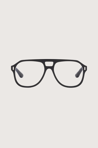 front profile RCA Reading Glasses  Gloss Black +1.50 clear lens black frame aviator shape
A premium hard coating protects lenses, increasing durability and minimizing scratches
High-performance water, dirt, and grease-repellent coating
Premium, bio-based acetate frame
3-barrel industrial hinges