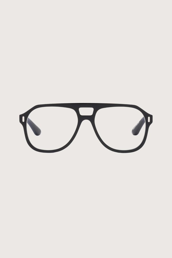 front profile RCA Reading Glasses  Gloss Black +1.50 clear lens black frame aviator shape
A premium hard coating protects lenses, increasing durability and minimizing scratches
High-performance water, dirt, and grease-repellent coating
Premium, bio-based acetate frame
3-barrel industrial hinges